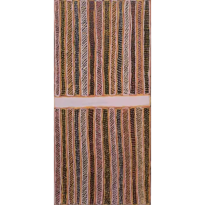 Jean Baptiste Apuatimi, Minga, 2003, natural earth pigments on canvas, 54.5 x 115 cm