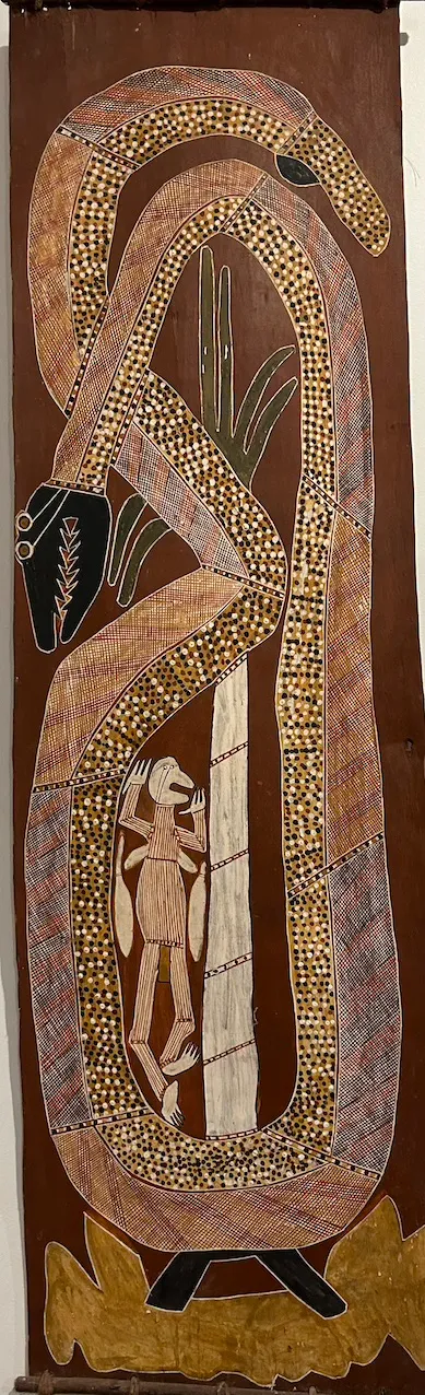 Neville Daraandarra, Ngalyod- rainbow serpent, natural earth pigments on bark, 38x136