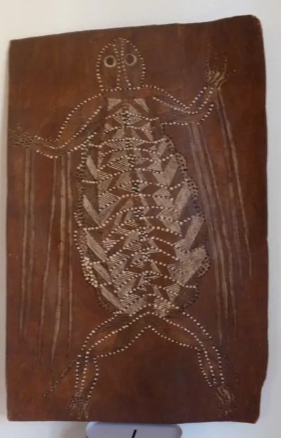 Peter Marralwanga, Djati - Frog Dreaming, c.1975, natural earth pigments on bark, 37 x 58 cm
