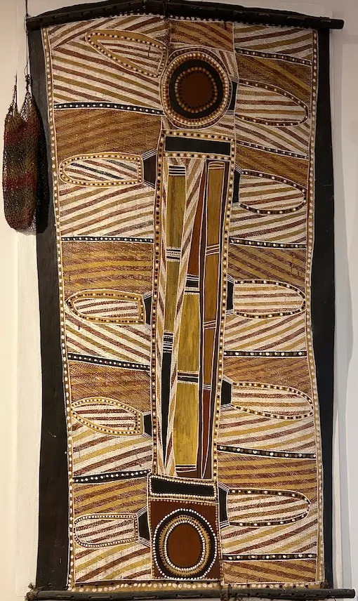 Jack Kalakala, Funeral Ceremony, c.1986, natural earth pigments on bark, 138 x 72 cm