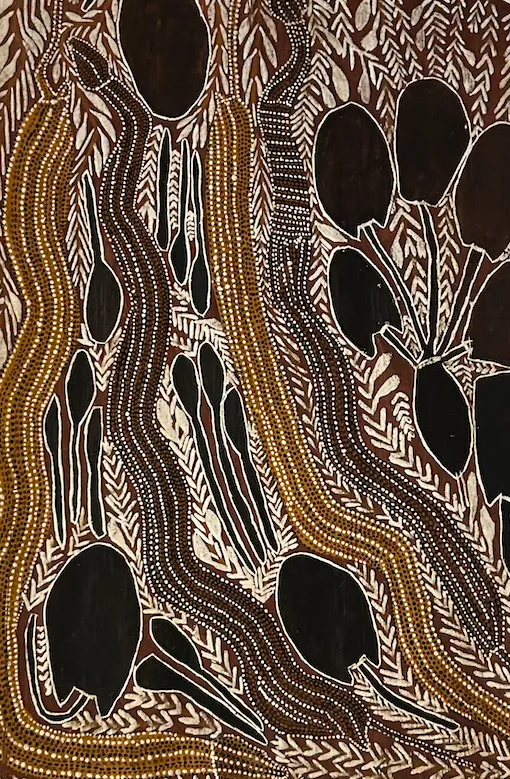 Dorothy Djukulul, File snakes and lotus bulbs, 1975, natural earth pigments on bark, 62 x 91cm