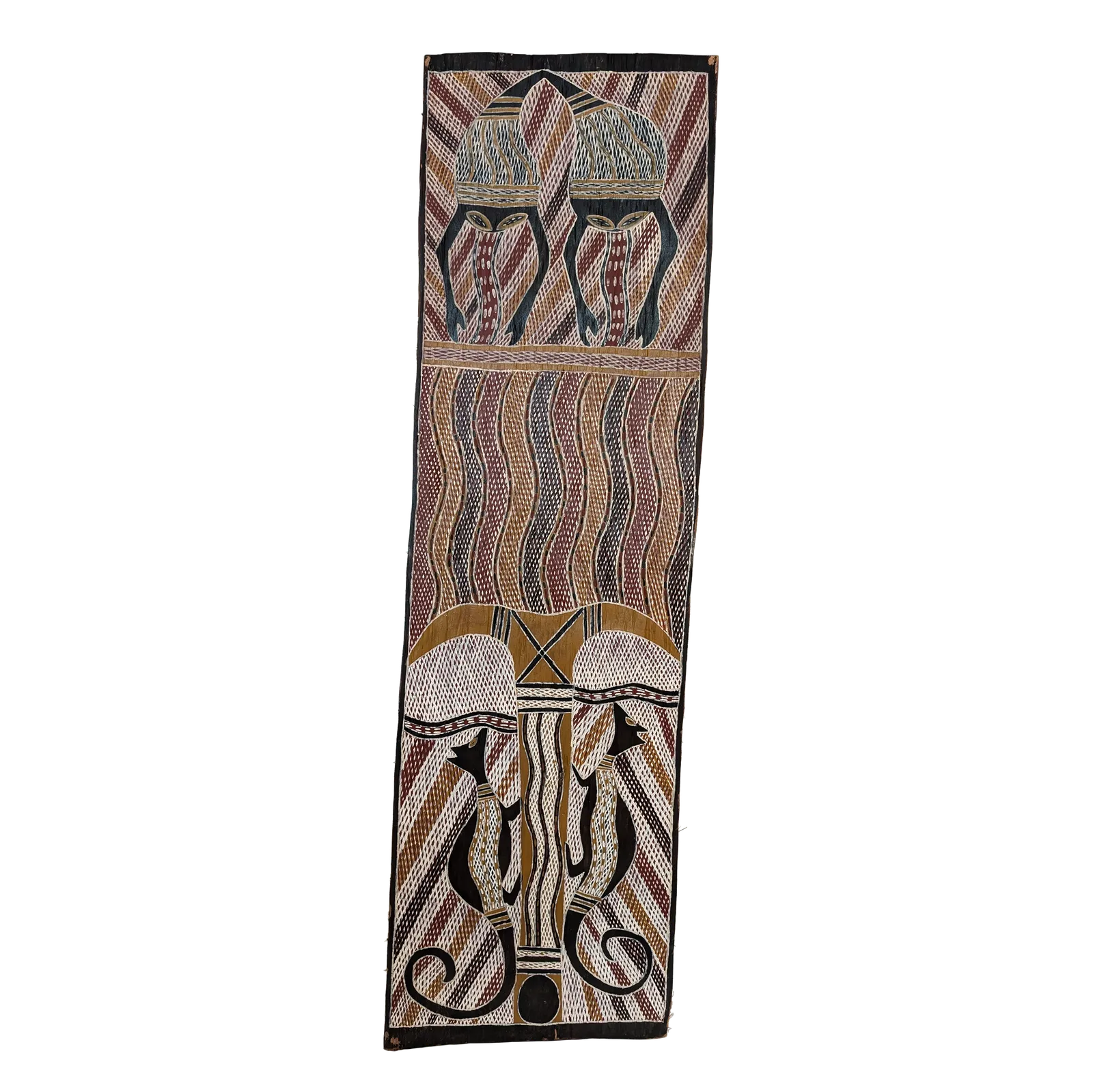 Munurrapin Maymuru, Mangalili at Djarrakpi, 1999, natural earth pigments on bark, 39 x 130 cm