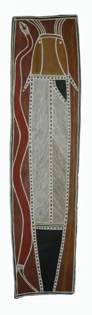 David Malangi Daymirringu, Catfish and File Snake, 1983, natural earth pigments on bark, 104 x 26 cm