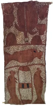 Waigan Djangara, Untitled, 1987, natural earth pigments on bark, 52 x 140 cm