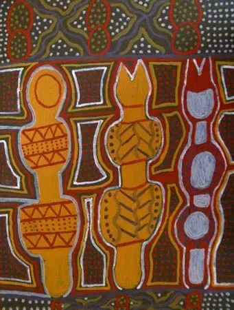 Marcia Kantilla, Pukumani Poles, 2011, natural earth pigments on canvas board, 30.5 x 40.6 cm