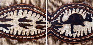 Niningka Lewis, Wati Kauyala, 2012, ? burnt design on wood, 40 x 40 cm (total)