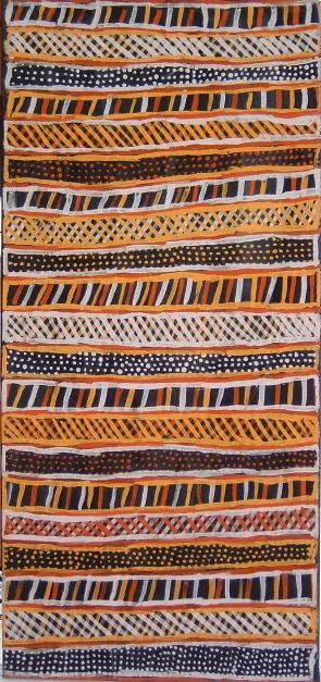 Jean Baptiste Apuatimi, Pukamani Design, 2002, natural earth pigments on canvas, 115x 50cm