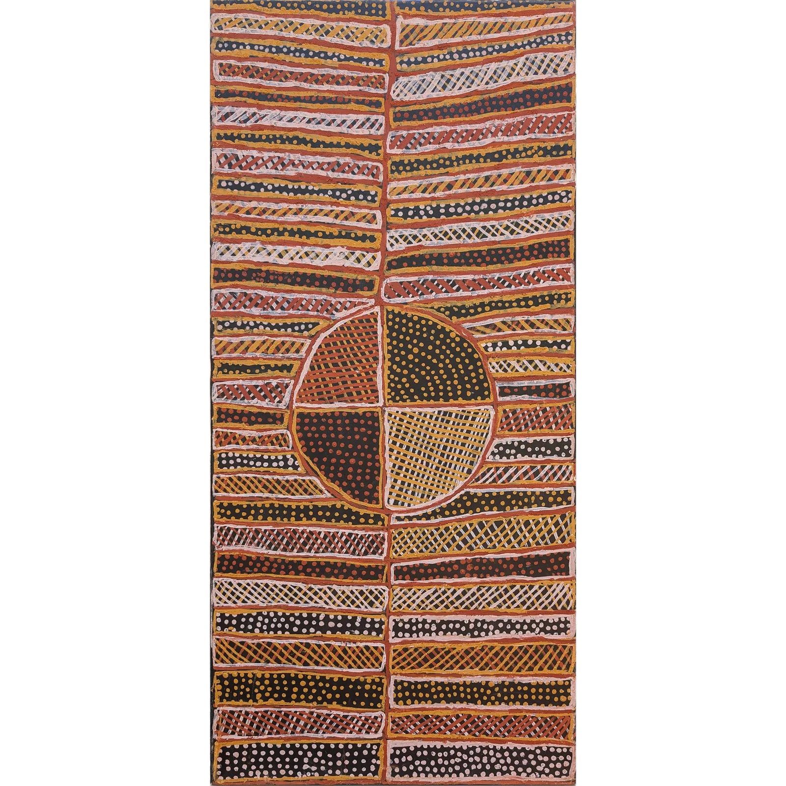 Jean Baptiste Apuatimi, Kurlama/Pukamani poles, 2001, natural earth pigments on canvas, 115 x 54 cm