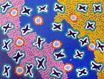 Ruth Stewart Napaljarri, Ngatijirri Jukurrpa (Budgerigar Dreaming), 2012, synthetic polymer paint on canvas, 23 x 30.5 cm