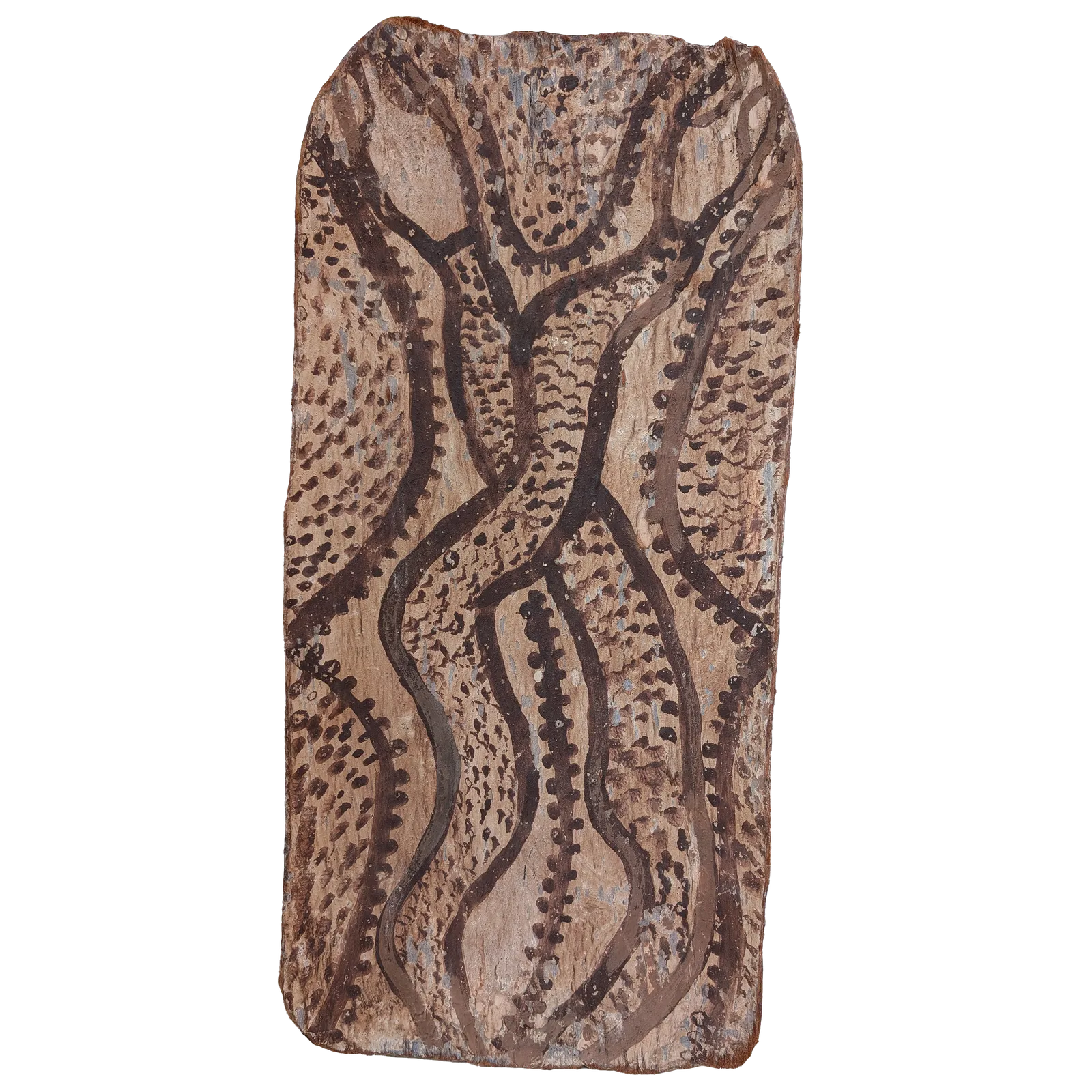 Attributed to Ignatia Djangara, Snakes, c.1981, natural earth pigments on bark, 67 x 31