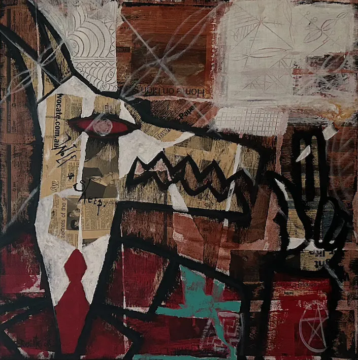 Rusiate Lali, Wolf and Sheep, 2008, mixed media on linen, 76 x 76 cm