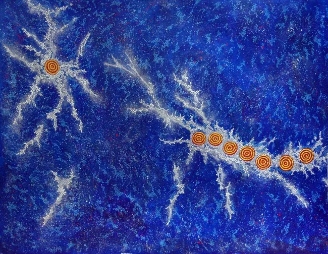Gabrielle Possum Nungarrayi, Seven Sister’s Dreaming, 2014, synthetic polymer paint on canvas, 142 x 194 cm