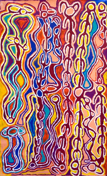 Judy Napangardi Watson, Mina Mina, 2014, synthetic polymer paint on Belgian linen, 193 x 94 cm