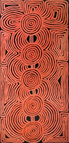 Ronnie Tjampitjinpa, Tingari Cycle, 2004, synthetic polymer paint on Belgian linen, 122 x 58 cm
