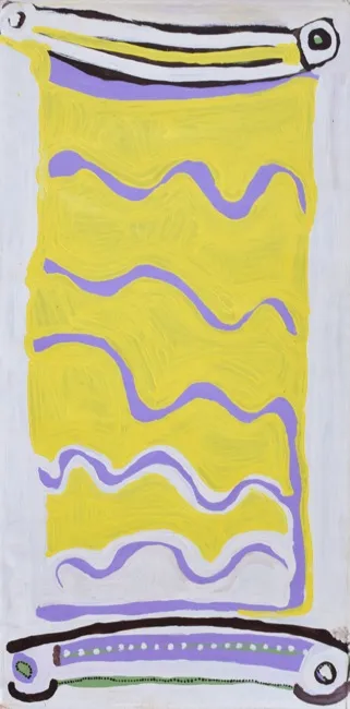 Lily Nungarayi Hargraves, Snake Dreaming, 2014, synthetic polymer paint on Belgian linen, 121 x 61 cm