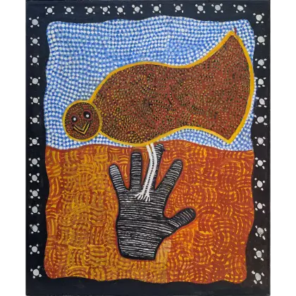 Trevor Nickolls, A bird in the hand, 1988, synthetic polymer paint on canvas, 51 x 61cm