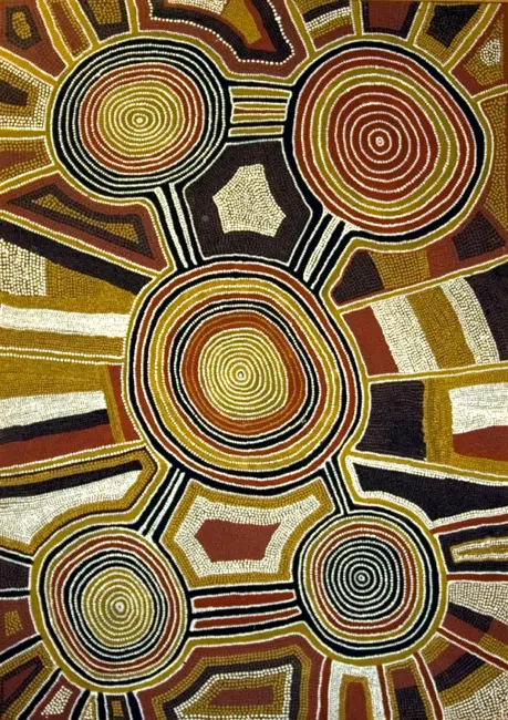 Sunfly Tjampitjin, Tingari - Native Cat Dreaming, 1988, synthetic polymer paint on canvas, 120 x 85 cm