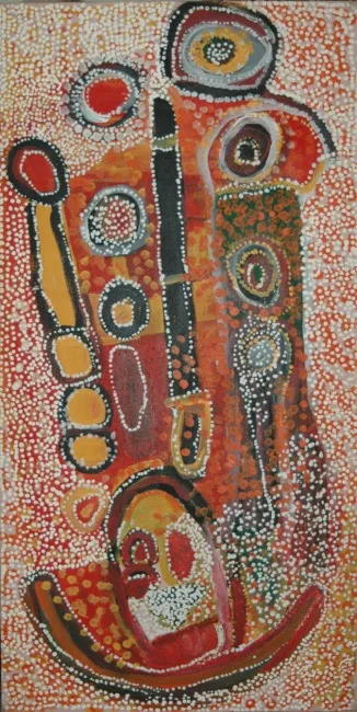 Millie Skeen Nampitjin, Kamiyarri, Great Sandy Desert, WA, 1996, synthetic polymer paint on Belgian linen, 100 x 50 cm