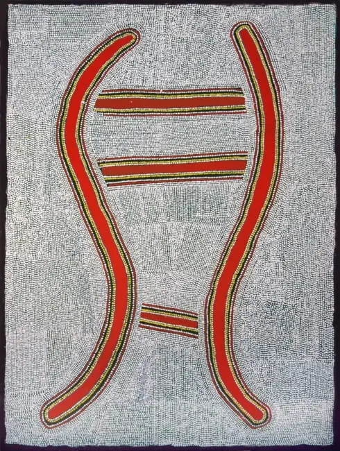 Abie Jumbyinmba Jangala, Water Dreaming V (Ngapa), 1997, synthetic polymer paint on Belgian linen, 109 x 80 cm