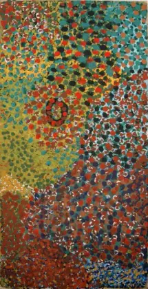 Milliga Napaltjarri, Purrungu, Near Kiwikurra in the Great Sandy Desert, 1993, synthetic polymer paint on canvas, 75 x 50 cm
