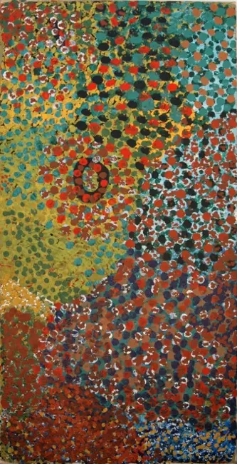 Milliga Napaltjarri, Purrungu, Near Kiwikurra in the Great Sandy Desert, 1993, synthetic polymer paint on canvas, 75 x 50 cm