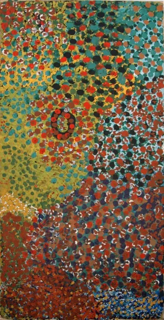 Milliga Napaltjarri, Purrungu, Near Kiwikurra in the Great Sandy Desert, 1993, synthetic polymer paint on canvas, 75 x 50 cm