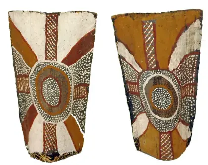 Guwaykuway Wanambi, Tunga, 1986, natural earth pigments on bark basket, 53 x 33 cm