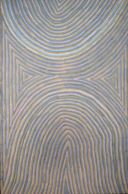 Mick Namarari Tjapaltjarri, Dingo Pup at Mt Newman, 1997, synthetic polymer paint on canvas, 120 x 181 cm