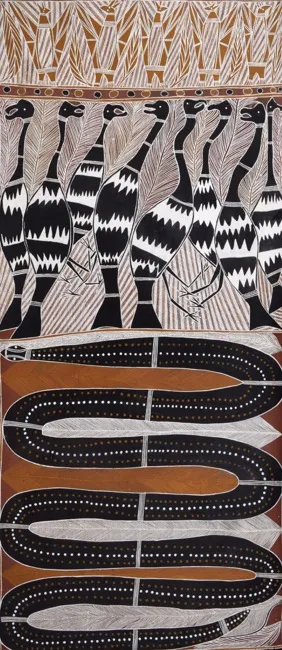 Charlie Djurritjini, Warrnyu (Flying Foxes), Gurrumatji (Magpie Geese) and Karritjar (Water Python), 1990, natural earth pigments on plywood, 120 x 269 cm Frame: 126 x 275 cm