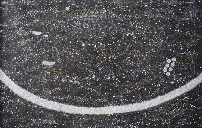 Nora Napaltjarri Nelson, Seven Sisters, 1998, synthetic polymer paint on canvas, 190 x 126 cm