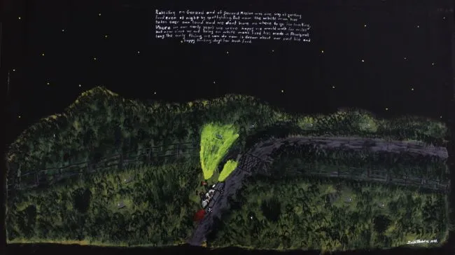 Ian  Abdulla, Rabbiting on Gerard Mission, 1998, synthetic polymer paint on canvas, 78 x 133 cm
