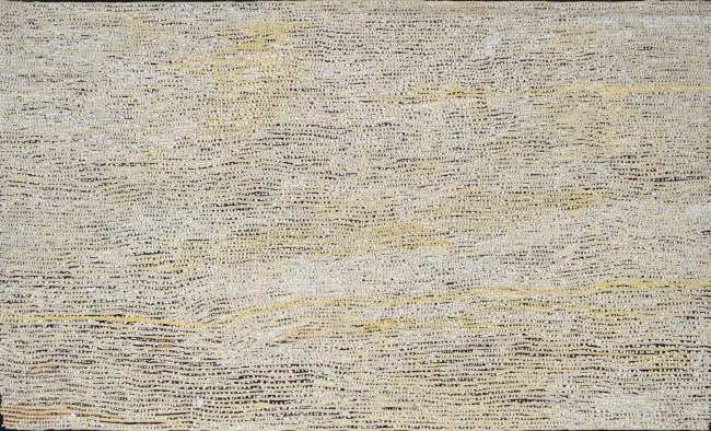 Willy Tjungurrayi, Men's Ceremonial Design, 2003, synthetic polymer paint on Belgian linen, 184 x 307 cm