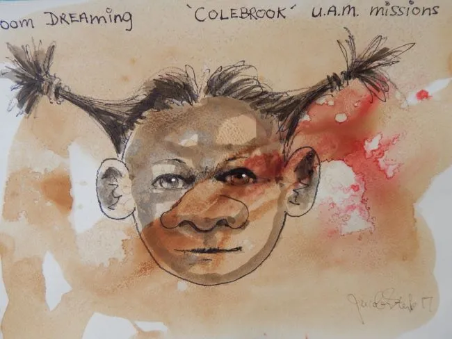 Jacob Karumapuli Stengle, Girl with Pigtails, 2017, tea, coffee, pen and ink on paper, 29.5 x 21 cm