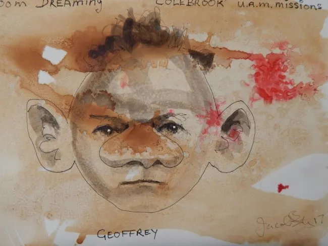 Jacob Karumapuli Stengle, Geoffrey, 2017, tea, coffee, pen and ink on paper, 29.5 x 21 cm