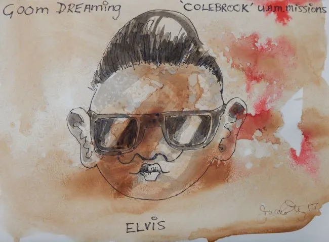 Jacob Karumapuli Stengle, Elvis, 2017, tea, coffee, pen and ink on paper, 29.5 x 21 cm