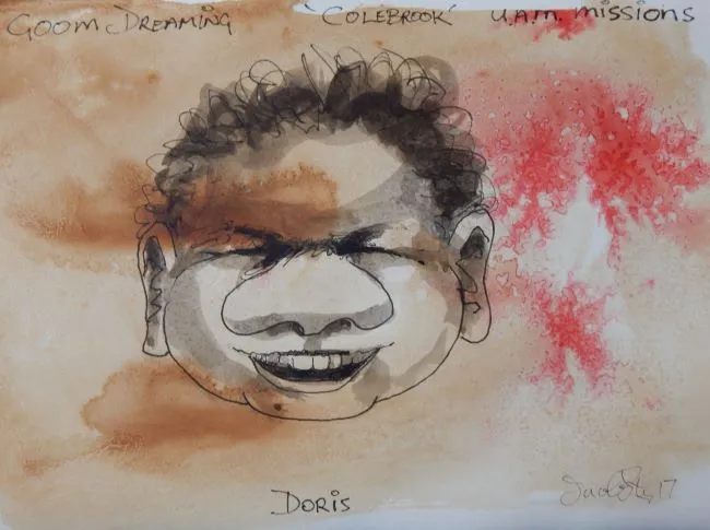 Jacob Karumapuli Stengle, Doris, 2017, tea, coffee, pen and ink on paper, 29.5 x 21 cm