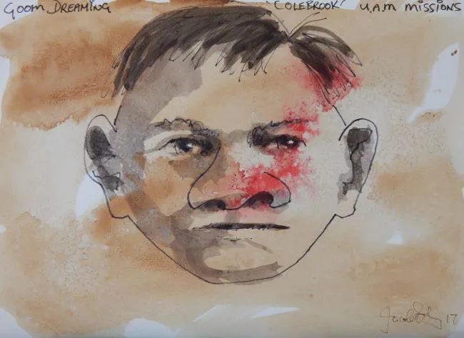 Jacob Karumapuli Stengle, Timmy, 2017, tea, coffee, pen and ink on paper, 29.5 x 21 cm