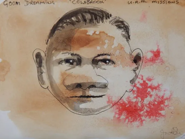 Jacob Karumapuli Stengle, Archibald, 2017, tea, coffee, pen and ink on paper, 29.5 x 21 cm