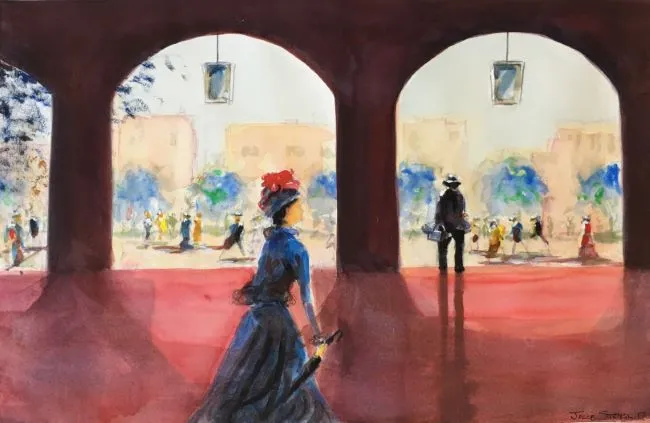 Jacob Karumapuli Stengle, Basket Seller, 2017, watercolour on paper, 34 x 52.5 cm