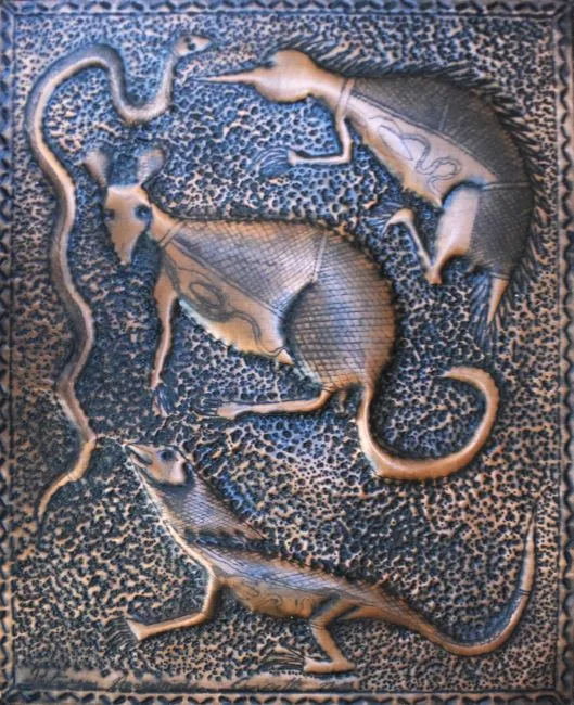 Peterson Nganjmirra, Black Python (Mandjurluk), Echidna (Ngarrbek), Possum (Djebuyh), Frilly Neck Lizard (Kundamen), copper imprint, 24 x 20 cm