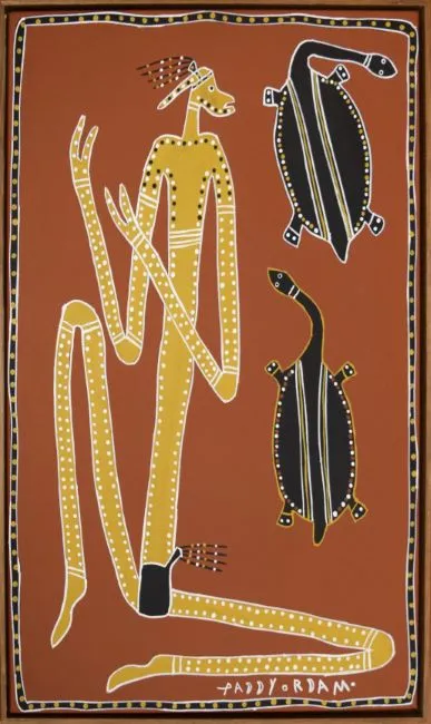 Paddy Wainburranga Fordham, Mimih Man with Bush Beef, 2000, synthetic polymer paint on canvas, 90 x 60 cm