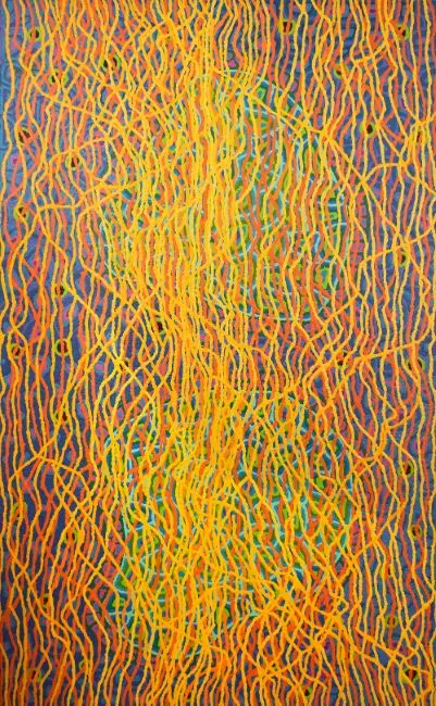 Cindy Nakamarra Gibson, Wilkinkarra - Three Rockholes at Kintore, 2016, synthetic polymer paint on Belgian linen, 92 x 150 cm