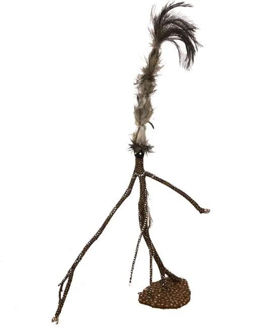Rick Roser, Mimberi - Spirit Travellers, 2019, synthetic polymer paint on carved wood, 67 x 40 x 14 cm (irregular)