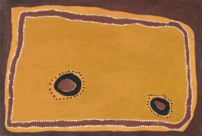 Rover Julama Thomas, The Eaglehawk & The Crow, 1996, natural earth pigments on Belgian linen, 60 x 90 cm