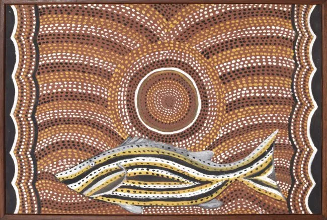 Leo Melpi, Skinny Fish, 1991, natural earth pigments on canvas, 40 x 60 cm (Frame: 43 x 63 cm)