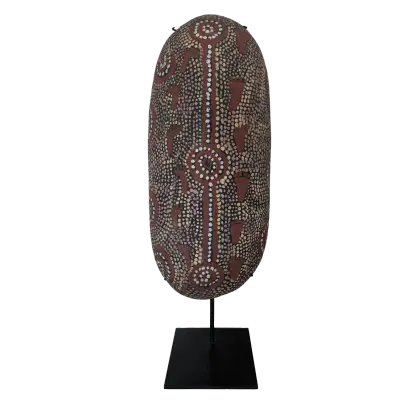 Artist Once Known, Coolamon (stand), c.1982, synthetic polymer paint on carved wood, 44 x 20 x 8 cm