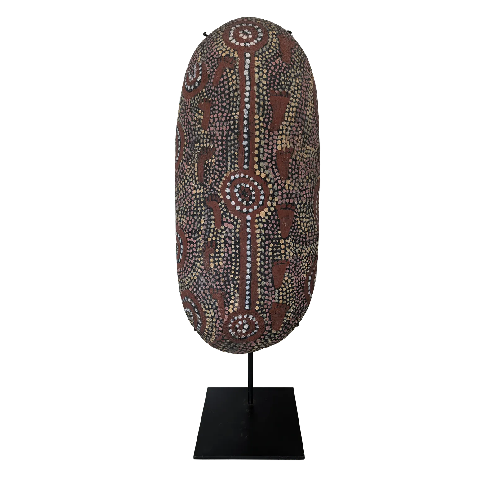 Artist Once Known, Coolamon (stand), c.1982, synthetic polymer paint on carved wood, 44 x 20 x 8 cm