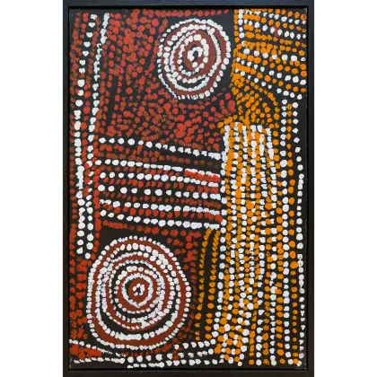 Bill Whiskey Tjapaltjarri, Rockholes Near the Olgas, 2008, synthetic polymer paint on canvas board, 25.4 x 38.1 cm