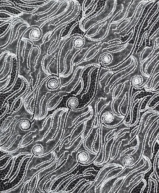 Janet Nakamarra Long, Ngapa Dreaming - Dry Water Holes, synthetic polymer paint on canvas, 85 x 71 cm
