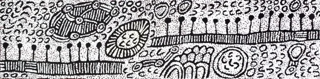 Yinarupa Gibson Nangala, Bush Tucker at Muluka, synthetic polymer paint on Belgian linen, 30 x 120